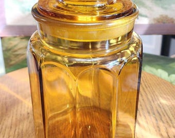 Vtg  L.E. Smith 10-panel Amber Glass Apothecary Canister Jar