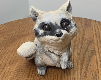 Vintage Resin Raccoon Figurine Textured Fur Big Eye "Trash Panda" Garden Statue
