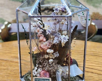 Vintage 6" Octagon Glass Terrarium - Flora Gesteck German Dried Flower Art - Hanging Geometric Botanical Display