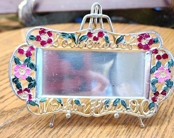 Vtg Washington DC Souvenir Mirror Tray Mini Metal Filigree Dresser Vanity Dish Cherry Blossom Kitsch