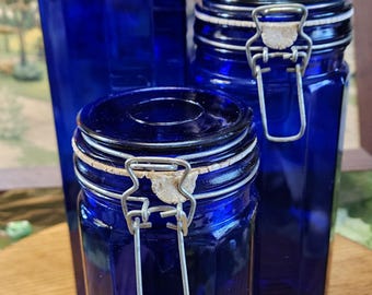Vintage Cobalt Blue Glass 12-Panel Canister Set – 13", 10", 8" Graduated Jars