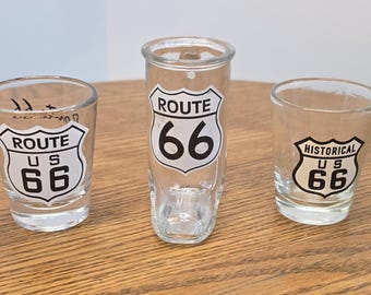 Vintage Route 66 Shot Glasses Set of 3 Historical US 66 Road Trip Memorabilia Americana Barware