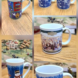 Vintage Christmas Coffee Mugs Choice - Studio Nova Snowman, Currier & Ives 1862, Royal Norfolk Snowflake, Holiday Patchwork Cup Lot