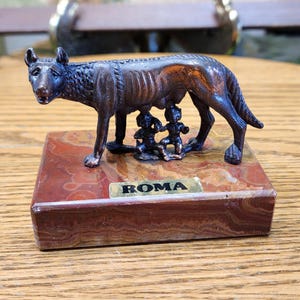 Vintage 4" Roma Capitoline Wolf Statue Romulus & Remus Bronze Finish on Marble Base Mid-Century Italian Souvenir Mythology Decor
