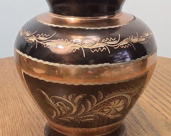 Vintage Gülistan Turkish Hand Etched Copper Vase Mid Century Tri-Color Mixed Metal Urn