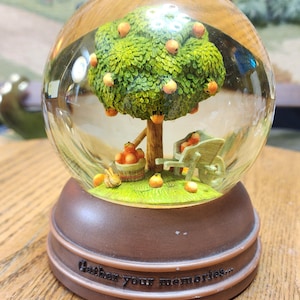 May include: A snow globe featuring a miniature apple tree with orange-colored apples. A small chair and a basket of apples are under the tree. The base of the globe is brown and has the text "Gather your memories..."