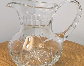 Vtg Cut Crystal Water Pitcher Lead Crystal Serving Jug Brilliant Starburst & Thumbprint (Read Description)