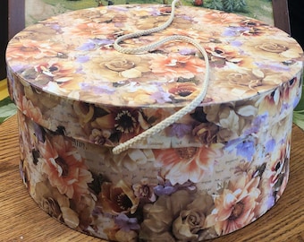 Vintage 1998 Tri-Coastal Design Floral Hat Box – Round Decorative Storage with Rope Handle – Shabby Chic Rose & French Script Collage