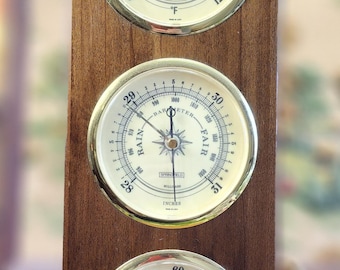 Vintage Springfield 3-Dial Weather Station - 16" MCM Wood Wall Panel - Thermometer, Barometer, Hygrometer