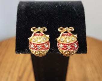 Vtg Christmas Ornament Clip-On Earrings Red Enamel & Rhinestone Bow Holiday Jewelry Festive Retro