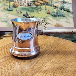 Vintage 1984 Teleflora "Le Saucier" Copper Pot – Wood Handle Sauce Pan – Rustic Farmhouse Kitchen Decor – Portugal/South Korea MCM – 24oz Sa