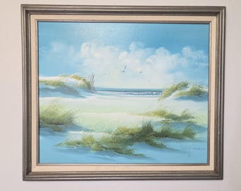 Original Vtg Betty Moore Oil Painting Seascape Signed & Framed Beach Sand Dunes Landscape Canvas Art