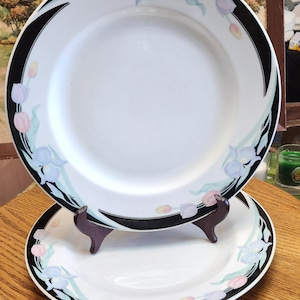 May include: Two white ceramic plates with a black border and floral design. The plates feature a black border with a floral pattern of blue, pink, and yellow flowers. The plates are displayed on a wooden stand.