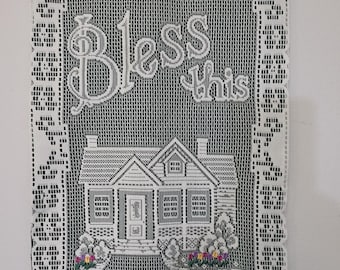 Vtg Heritage Lace Bless This Home Wall Hanging Embroidered Tulip Banner with Wire Hanger Forest Green Felt Backing
