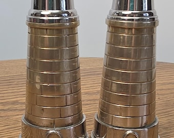 Vintage Lighthouse Salt and Pepper Shakers Set Heavy Two-Tone Brass & Chrome Coastal Maritime