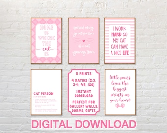 Pink Cat Person Prints | Cat Quotes, Feline Decor, Cat Lover Wall Art (Set of 5 Digital Downloads)