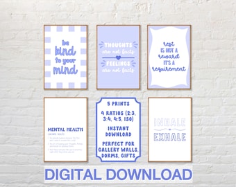 Blauwe geestelijke gezondheidsprints: positieve affirmaties, therapieruimtedecor (set van 5 digitale downloads)