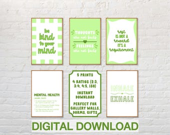 Groene geestelijke gezondheidsprints: positieve affirmaties, decor therapieruimte (set van 5 digitale downloads)