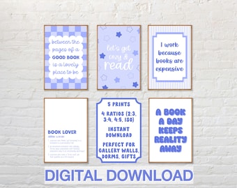Blue Book Lover Prints | Bookish Quotes | Reading Nook Decor (Set of 5 Digital Downloads)