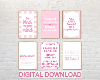 Roze afdrukken geestelijke gezondheid: positieve affirmaties, therapieruimtedecor (set van 5 digitale downloads)