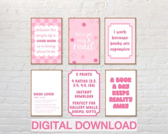 Pink Book Lover Prints | Bookish Quotes | Reading Nook Decor (Set of 5 Digital Downloads)