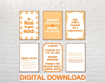 Oranje geestelijke gezondheidsprints: positieve affirmaties, therapieruimtedecor (set van 5 digitale downloads)