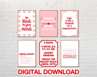 Rode geestelijke gezondheidsprints: positieve affirmaties, inrichting therapieruimte (set van 5 digitale downloads)