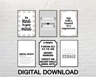 Zwarte geestelijke gezondheidsprints: positieve affirmaties, therapieruimtedecor (set van 5 digitale downloads)