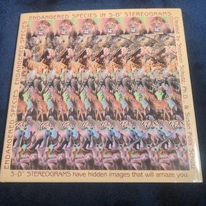 May include: A book titled "Endangered Species in 5-D Stereograms" features a 3D image of lions, giraffes, and zebras. The cover includes text and is created by Stephen Schutz and Susan Polis Schutz.