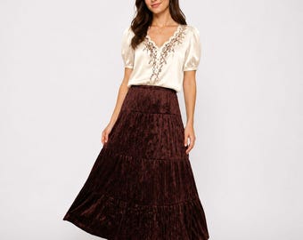 Dress To Kill Jane Mohr M 10 12 Cocoa Brown Crushed Velvet Tiered Maxi Skirt VTG