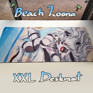 May include: XXL deskmat featuring a beach scene with a cartoon character. The deskmat has a blue and tan color scheme, with the text "Beach Loona" and "XXL Deskmat" in a stylized font.