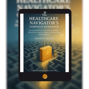 Może przedstawiać: Tablet cyfrowy wyświetla "The Healthcare Navigator's Complete Workbook". Okładka książki jest złota z symbolem krzyża. Tekst brzmi: "Your Essential Step-by-Step Guide to Managing Medical Care, Insurance Claims, and Patient Rights with Confidence."