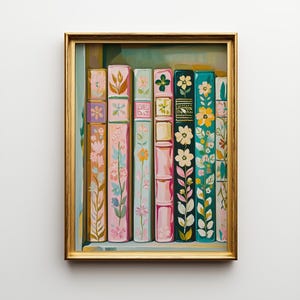 Floral Bookshelf Poster: Pastel Book Spines Wall Art