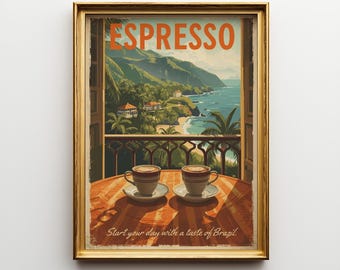 Vintage Espresso Coffee Poster: Brazilian Coastal Art Print