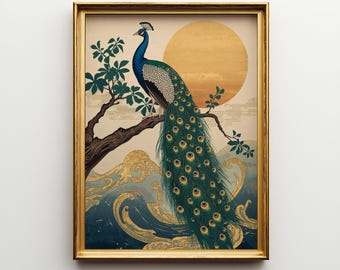 Póster de pavo real elegante: arte mural vintage de estilo japonés con sol dorado