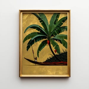 Lámina artística de platanero tropical: Pintura minimalista de barco