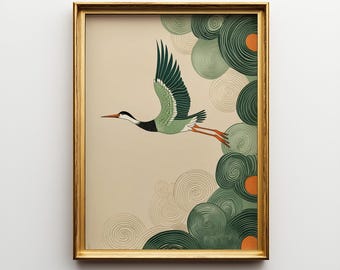 May include: A framed art print featuring a crane in flight. The bird has green and black markings with orange legs and a long beak. The background is a beige color with green and orange spiral cloud designs.