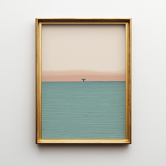 Minimalist Whale Tail Wall Art Print: Calm Ocean Sunset Illustration - Modern Coastal Decor, Ocean Meditation Artwork