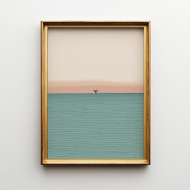 Minimalistischer Wal Schwanz Illustration: Ruhige Ozean Sonnenuntergang Illustration - Moderne Küsten Dekoration, Ozean Meditation Kunstwerk Bild 1