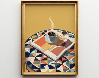 Coffee and Book Poster: Cozy Reading Art Print, Minimalist Home Café Wall Decor