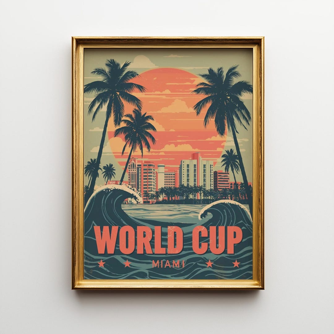 World Cup 2026 Miami Poster: Vintage Sunset Beach Soccer Art Print