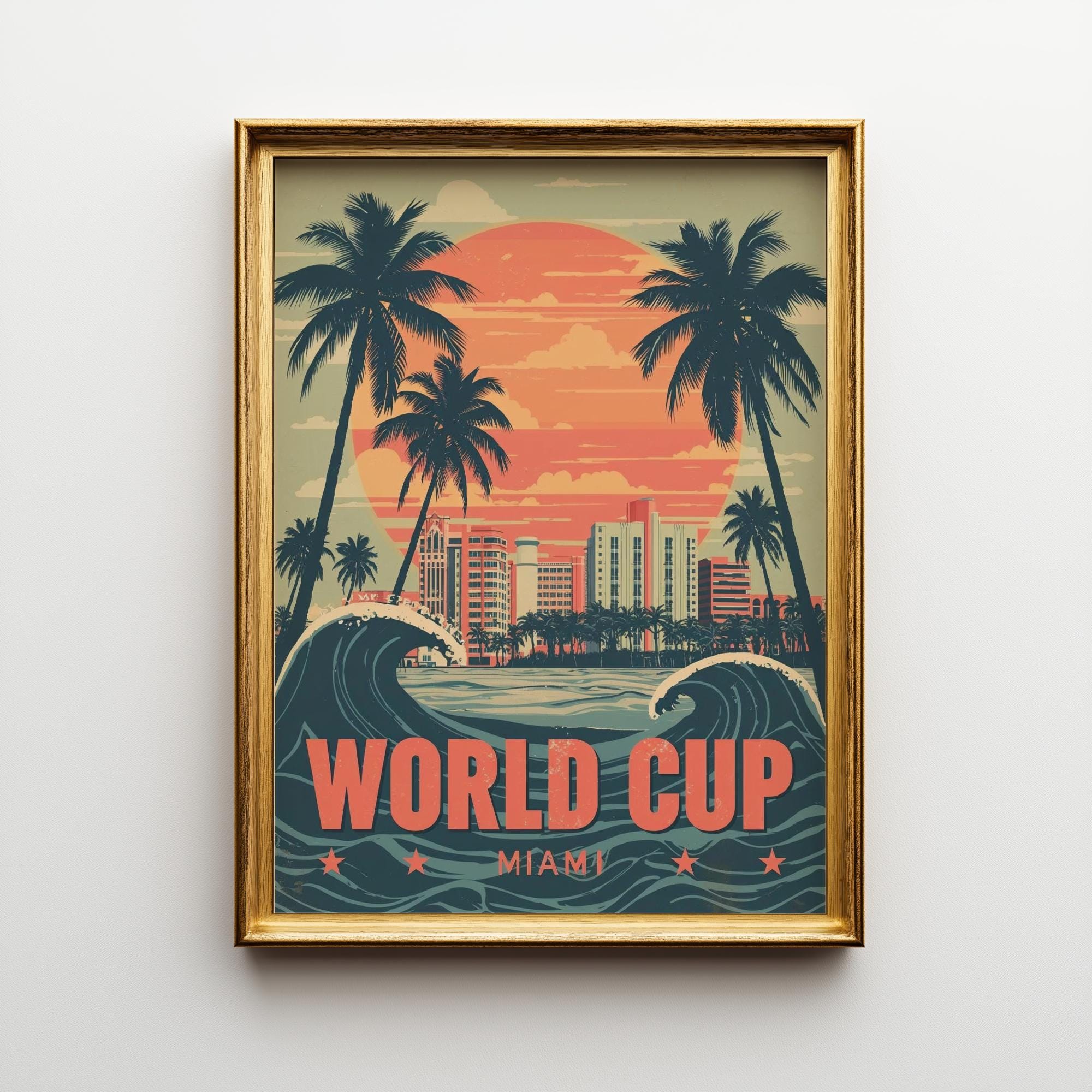 World Cup 2026 Miami Poster: Vintage Sunset Beach Soccer Art Print