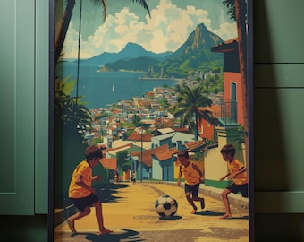 Affiche rétro de football du Brésil : oeuvre d'art du football pour enfants à Rio de Janeiro