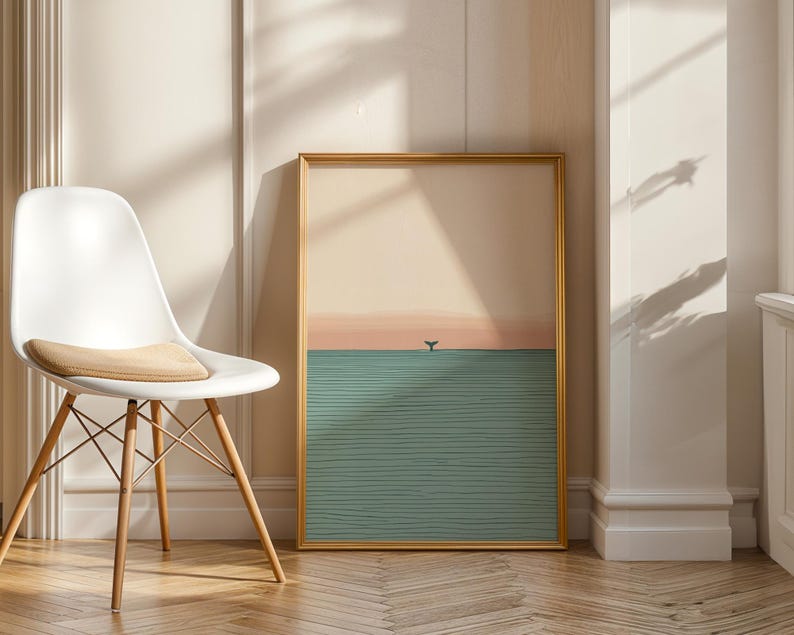 Minimalistischer Wal Schwanz Illustration: Ruhige Ozean Sonnenuntergang Illustration - Moderne Küsten Dekoration, Ozean Meditation Kunstwerk Bild 8