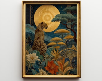 Op de afbeelding: Een ingelijste kunstdruk met een luipaard in een junglescène. Het kunstwerk heeft een gouden lijst en toont een luipaard met een gouden zon op de achtergrond. Het kleurenpalet omvat blauw, groen en goud.