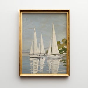 Segelboot Wand Kunst Druck: Küstenlandschaft, ruhige Ozean Malerei, Neutral Strand Haus Dekor - Elegantes Boot Kunstwerk