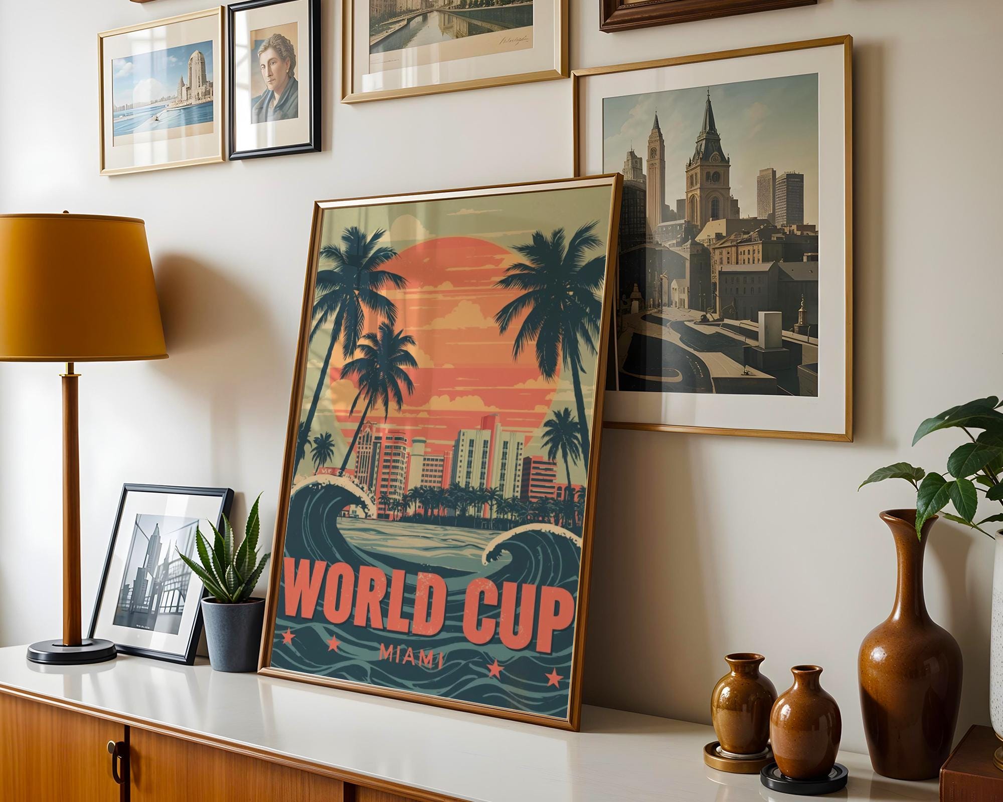 World Cup 2026 Miami Poster: Vintage Sunset Beach Soccer Art Print