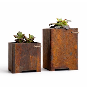 May include: Two square, rusty metal planters with small succulents. The planters have a weathered, textured appearance and are of different heights. One planter has a jute rope detail. The plants have green and reddish-brown leaves. The background is white.