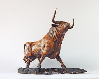 Hand-carved wooden bull sculpture: unique rustic decor for the living room, office, art gallery, collectors.