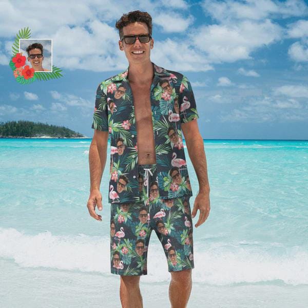 Custom Face Hawaiian Shirt For Men With Flamingo Floral Print Personalized Family Photos On Aloha Shirts Funny Gift